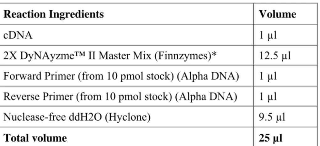 Table 3.4 - PCR Reaction Ingredients and Amounts 