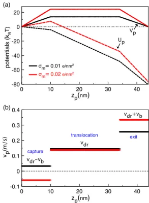 FIG. 3. (a) Electrostatic barrier Eq. (45) (solid curves) and polymer potential Eq. (49) (dashed curves) versus the polymer position