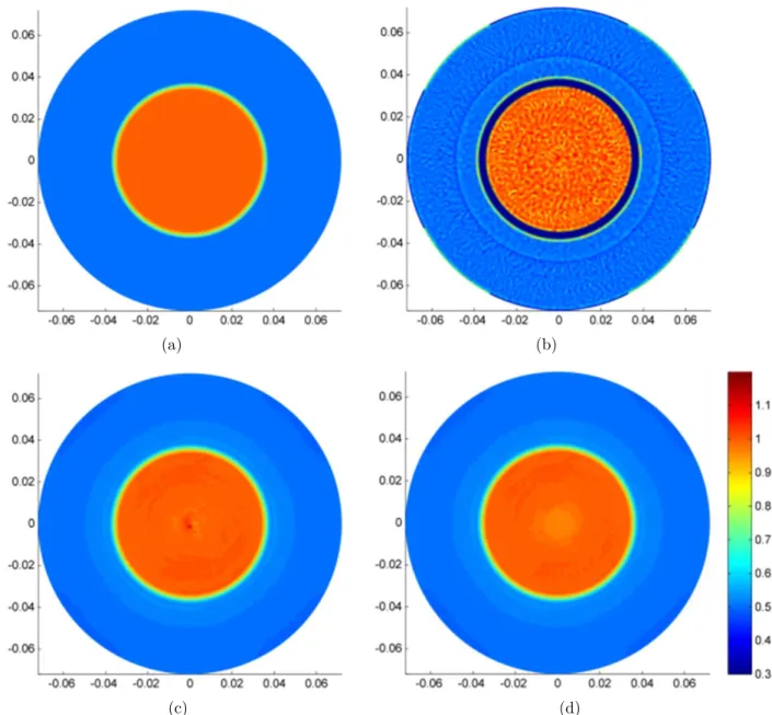 Figure 4.2: Conductivity σ (S/m) reconstruction results for the first simulation phantom: (a) true σ, (b) reconstructed σ using the Wen’s method, (c)  recon-structed σ using cr-MREPT method, (d) reconrecon-structed σ using the constrained cr-MREPT method