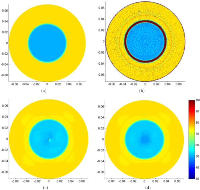 Figure 4.3: Relative dielectric permittivity ε r reconstruction results for the first simulation phantom: (a) true ε r , (b) reconstructed ε r using the Wen’s method, (c) reconstructed ε r using cr-MREPT method, (d) reconstructed ε r using the constrained 