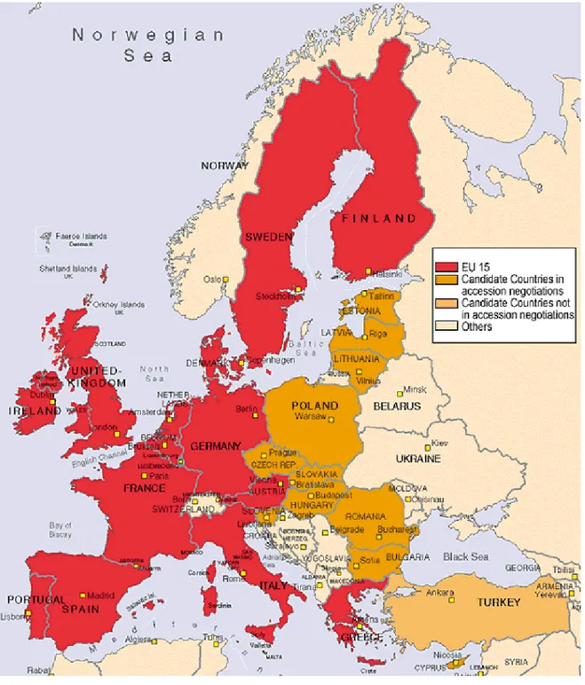 Figure 5: Map illustrates EU member states, candidate countries, and others (as of April 2002) 309