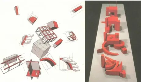 Figure 4. 6: Explosion of the Folies and the different combinations created for Parc de la Villette  (Tschumi, 1987: 18-19) 