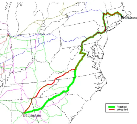 Fig. 2. Birmingham–Providence routes: existing and reduced risk (λ = 20%).