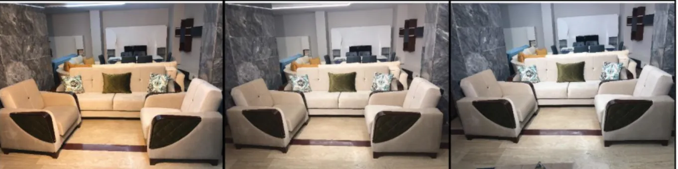 Figure 9 a, b, c : The Furniture Set Under 2700K (left), 5000K (middle), 6500K  (right) Color Temperature 