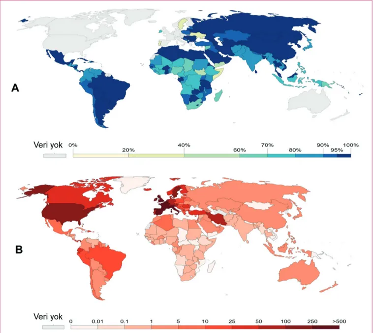 Şekil 1. A. 2015 DSÖ verilerine göre bir yaşındaki bebeklerin ülkelere göre verem (BCG) aşısı yapılma yüzdeleri
