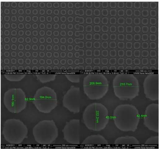 Figure 2-12.  SEM images of polarization independent plasmonic metamaterial surface. The  fabricated structures are disc-shaped despite they are aimed perfect squares