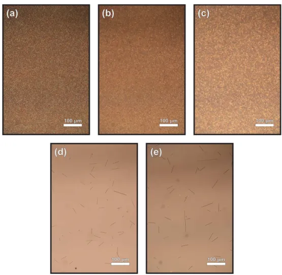 Figure 2.9: Optical images of growth at 750 ◦ C with a) P0, b) P2, c) P3, d) P4 e) P5 routes.