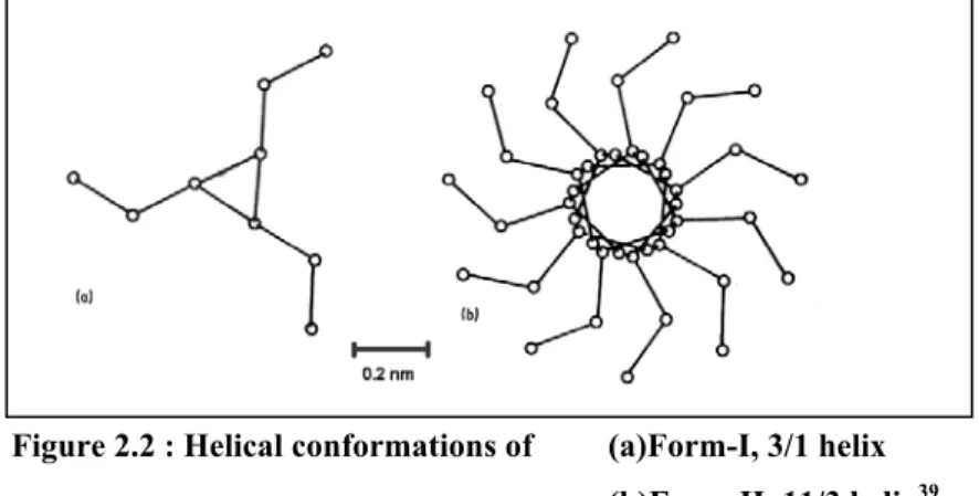 Figure 2.2 : Helical conformations of   (a)Form-I, 3/1 helix  (b)Form-II, 11/3 helix 39