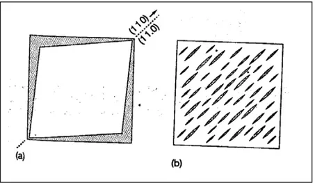 Figure 2.6    : (a)Shrinkage(shaded area) of square Form-II crystal upon conversion to Form-I  when the indicated (110) I -(11.0) II  plane is maintained in the transformation  (b)Development of cracks and elongated domains to accommodate this  shrinkage w