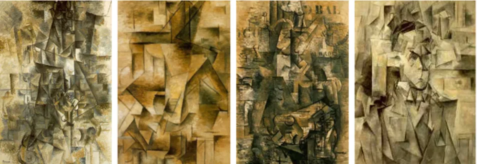 Figure 2.1: Analytical Cubist paintings from left to right: The Clarinet Player, 1911, Pablo Picasso; Guitar Player, 1910, Pablo Picasso; The Portuguese, 1911, Georges Braque; Portrait of Wilhelm Uhde, 1910, Pablo Picasso.