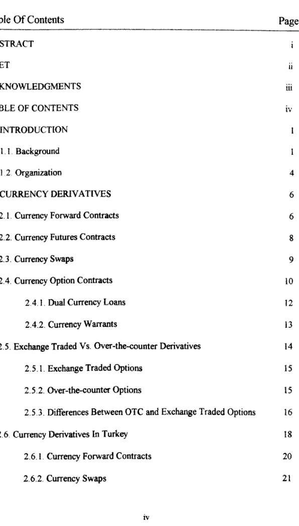 Table  O f Contents Page ABSTRACT  i ÖZET  ii ACKNOWLEDGMENTS  İÜ TABLE OF CONTENTS  iv 1  INTRODUCTION  1 1.1  Background  1 1  2  Organization  4 2  CURRENCY DERIVATIVES  6