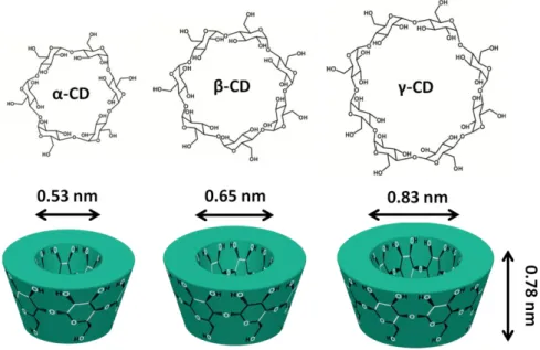 Figure 6. Chemical structure and schematic view of α-CD, β-CD and γ-CD. 