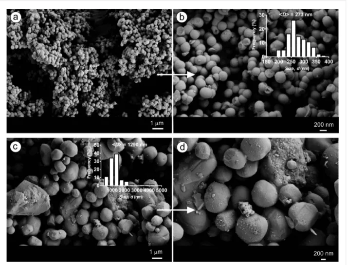Figure 4: SEM images of MSNs produced using β-CD (MSN-4 (a, b)) and HP-β-CD (MSN-5 (c, d))