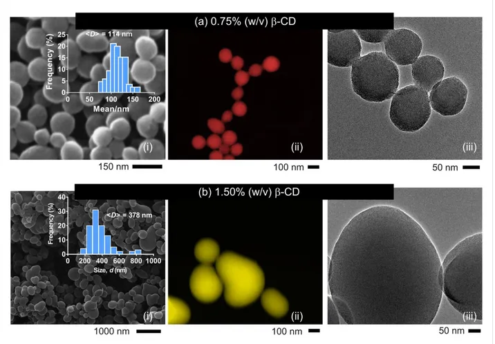 Figure 7: SEM (i), colored STEM (ii) and TEM (iii) images of MSNs produced at various β-CD contents; (a) MSN-14 (c β-CD  = 0.75% (w/v), r (CD/CTAC)  = 3.75), and (b) MSN-15 (c β-CD  = 1.50% (w/v)), r (CD/CTAC)  = 7.5)