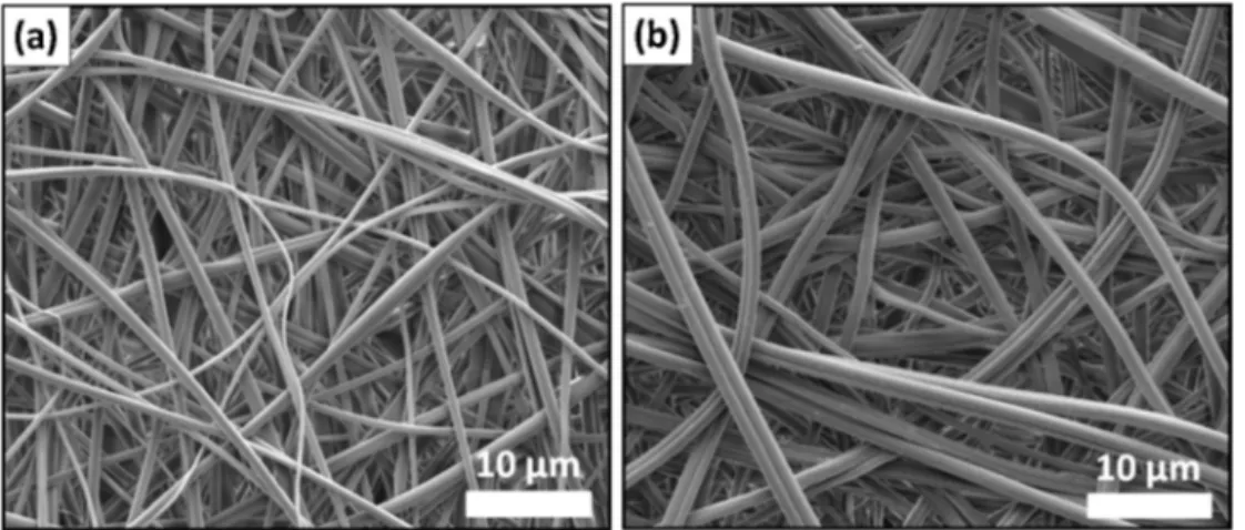 Fig. 6. Representative SEM images of (a) CA and (b) CA-CD nanoﬁbers after the ﬁltration test.