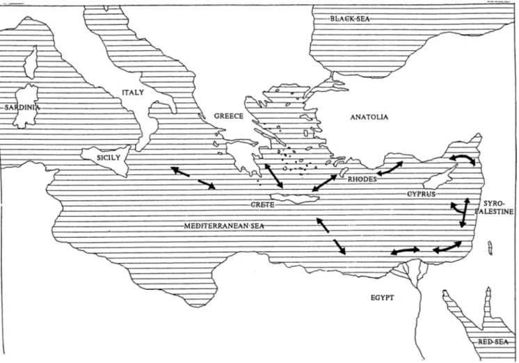 Fig.  5:  Possible sea routes  around the Mediterranean during the Late Bronze Age  (Cline  1994:  map 4)