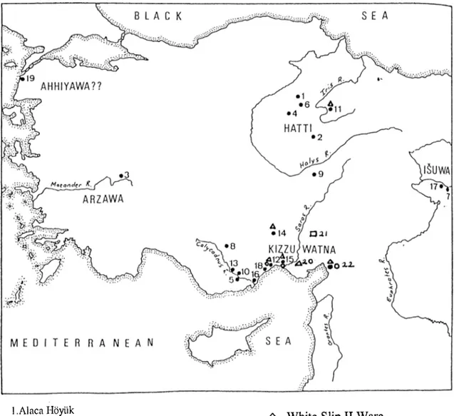 Fig.  8.  Distribution map o f Red Lustrous Wheelmade Ware,  White Slip  II Ware  and Base Ring Ware 