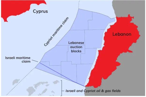 Figure 4. Lebanese auction blocks and the Israeli maritime claim, (Zerohedge, 2018) 
