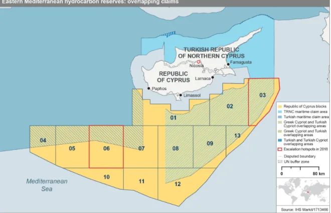 Figure 5. Eastern Mediterranean hydrocarbon reserves: overlapping claims, (Akkad,  2018) 