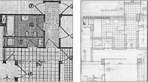 Figure 5. Bathroom plans for the Fuar Apartment, Izmir (1960). Left: The architect’s proposal as published in Arkitekt (1961)