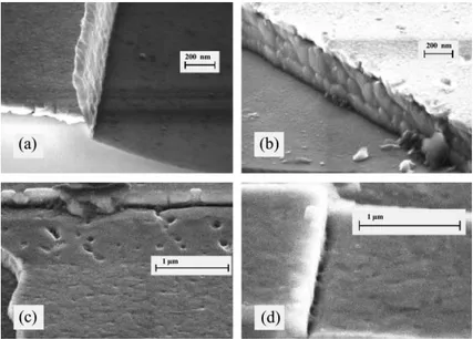 Fig. 2. SEMs of CIBE sharp step structures on LaAlO 3 substrate. (c) and (d) are SEMs of 200 nm thick Y–Ba–Cu–O ﬁlms deposited on the steps shown in (a) and (b), respectively