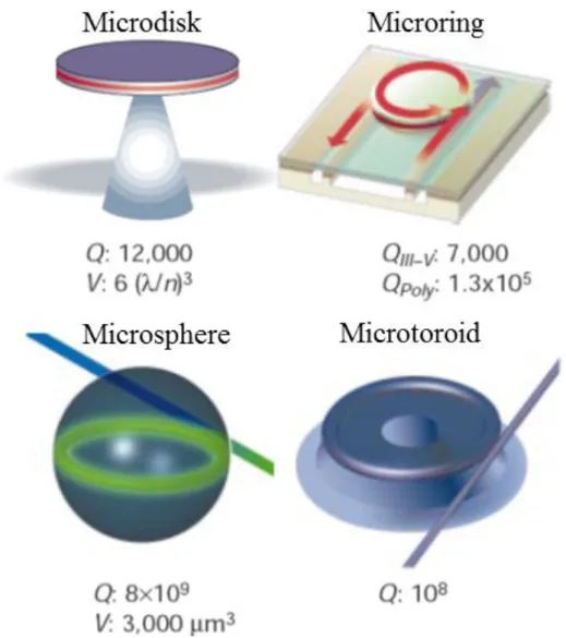 Figure  1.1:  Various  types  of  optical  microcavities  with  their  corresponding  