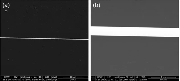 Figure 3.4: SEM images of a tapered fiber. The fiber is uniform in diameter within a large  length range (a), and submicron diameters could be reached
