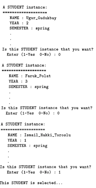 Figure  6.15:  Selecting  a  specific  instance  of class  STUDENT.