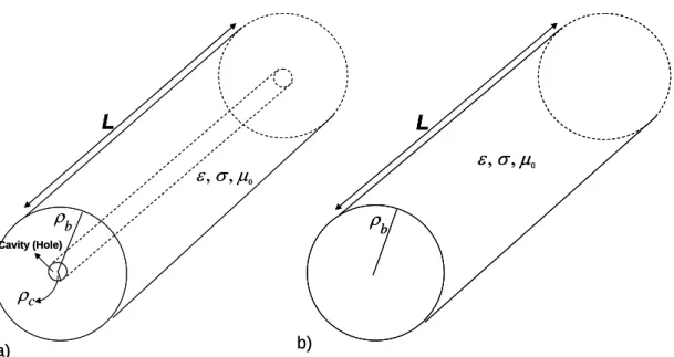 Figure 2.1:  a) Cylindrical body model with a coaxial cavity. This model is used for  obtaining the UISNR values of an internal and external coil combination