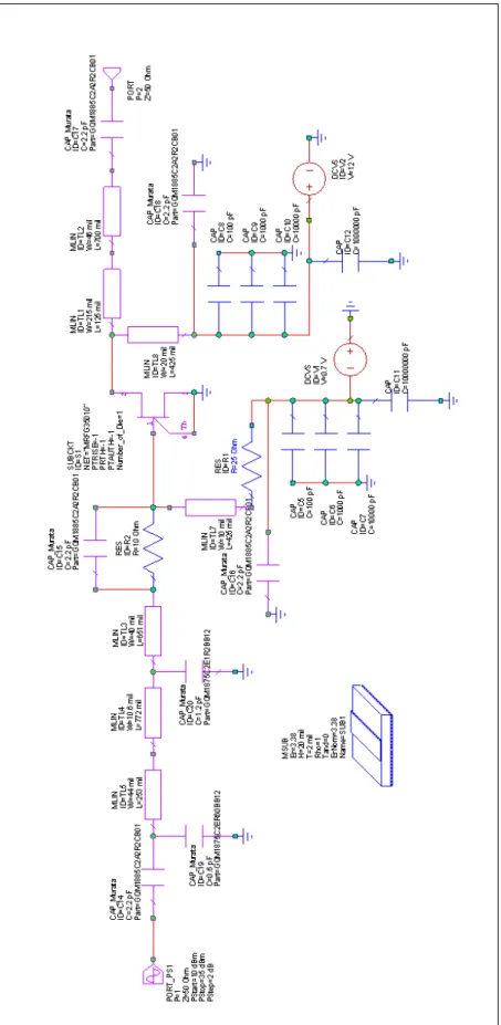 Figure 4.17: Final Carrier Ampliﬁer Circuit with the Addition of Biasing Cir- Cir-cuits, Stabilization Elements and Real Capacity Models