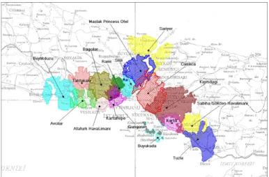 Figure 6. Coverage areas of each cell in the network. Cell loadings are 100% for cell S¸is¸li and 80%