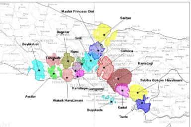 Figure 7. Coverage areas of each cell in the network. Cell loadings are 100% in each cell.