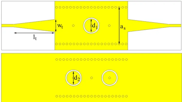 Figure 3.17: Top (up) and bottom (below) surfaces of the three resonators in the filter