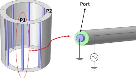 Figure 2.8: The coil for 3T and the driving port of the coil. The lumped port corresponds to the dielectric region between the inner and outer conductors of the line element.
