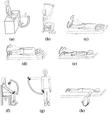 Fig. 3 Physical therapy exercises. In each exercise, the subject moves his/her leg or arm from the solid position to the dotted position, waits for 5 s, and returns to the solid position