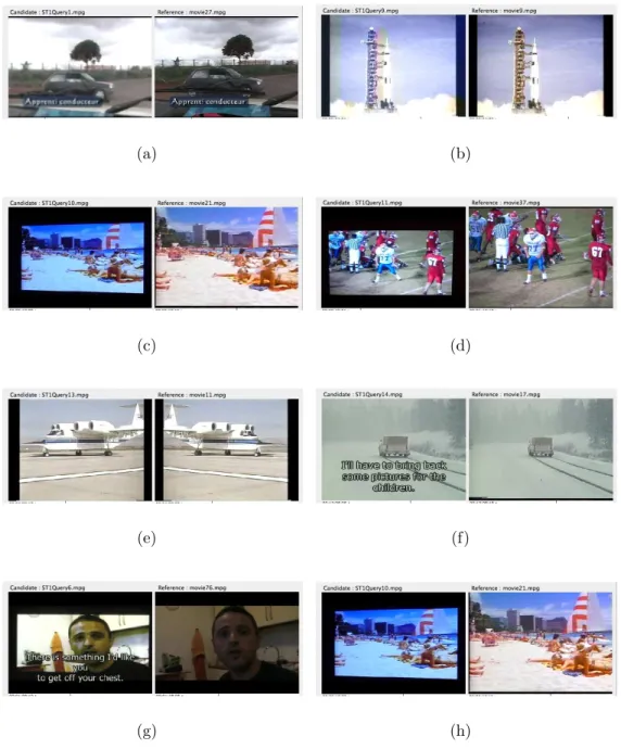 Figure 5.1: Transformations used in CIVR2007 Copy Detection dataset. These transformations are blur ((a)), change in phases of colour (analogical noise) ((b)), camcording ((c)), camcording with angle ((d)), flip ((e)), zoom and subtitle ((f )), camcording 