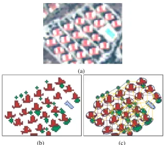 Fig. 1. Neighborhood graph. (a) RGB image. (b) Primitive objects from three different layers: buildings (red),  vegeta-tion (green), pool (blue)