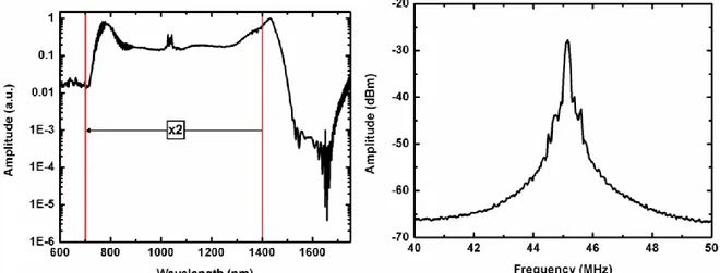 Fig. 3. (a) Spectrum recorded after supercontinuum generation. The wavelength range is limited by that of the optical spectrum analyzer