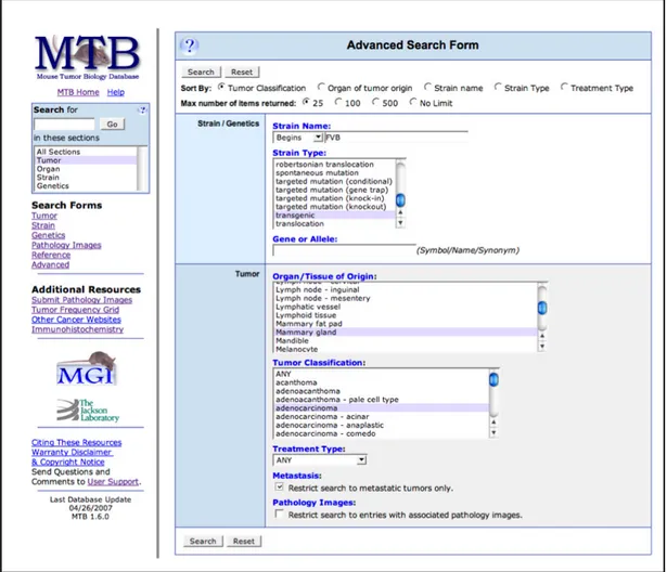 Figure 1. 5 Screenshot of Mouse Tumor Biology database advanced search page.  