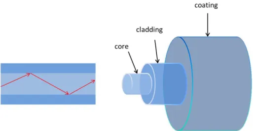 Figure 1.1: Optical fiber structure and light propagation inside it. Due to the slight difference between the refractive index of core and clad, the signal is  con-fined to the core