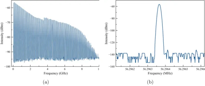 Figure 2.3: RF spectrum of the oscillator (a) 10 GHz span (b) 1 kHz span with 10 Hz resolution