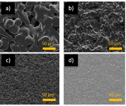 Figure 3.2: SEM images of polishing films having roughness a) 30 µm ,b) 9 µm ,c) 3 µm and d) 0.3 µm