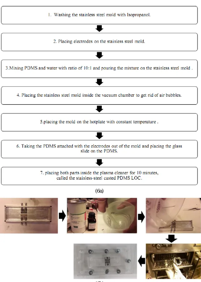 Figure 6. (6a) The flow diagrams and (6b) the fabrication step for the stainless-steel casted PDMS  LOC