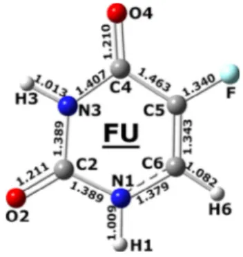 Fig. 2. The optimized geometries of the FU pairs through C@O  HAN hydrogen bonds; panels a–f.