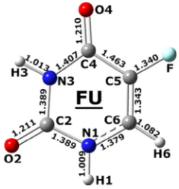 Fig. 2. The optimized geometries of the FU pairs through C@O  HAN hydrogen bonds; panels a–f.