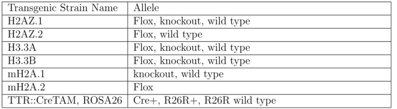 Table 2.2: List of mouse transgenic mouse strains and available transgenic alleles Transgenic Strain Name Allele