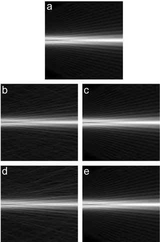 Fig. 5. Initial diffraction ﬁeld over the entire 2D space; N ¼ 256 samples per line (a) and reconstructed diffraction ﬁelds from s known data points (b)–(e); (b) matrix inversion method with s ¼ 230; (c) matrix inversion method with s ¼ 282; (d) POCS algor