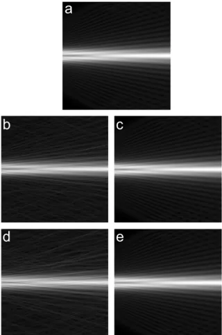 Fig. 5. Initial diffraction ﬁeld over the entire 2D space; N ¼ 256 samples per line (a) and reconstructed diffraction ﬁelds from s known data points (b)–(e); (b) matrix inversion method with s ¼ 230; (c) matrix inversion method with s ¼ 282; (d) POCS algor