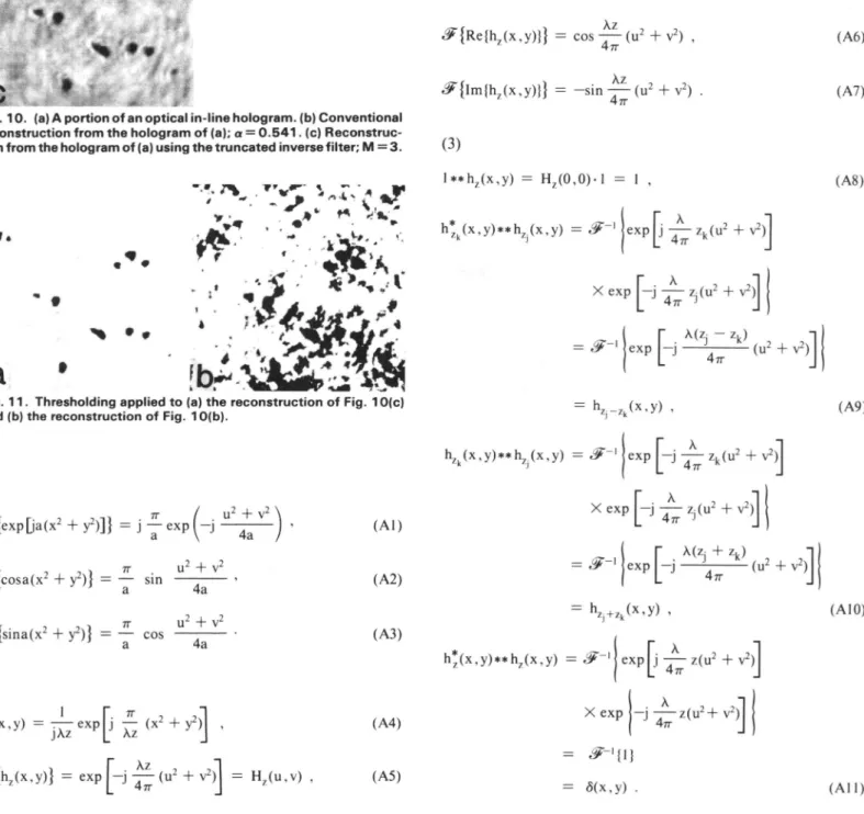 Fig. 12. Digital decoding of an optical in -line hologram: (a) optical hologram and (b) result of edge detection (output of the covariance filter) applied to the reconstruction using the truncated inverse filter.