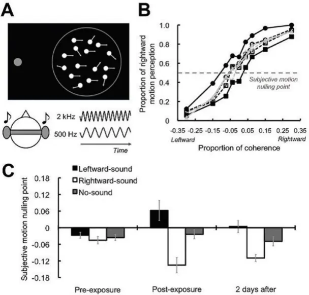 Figure 1.9: Sound-contingent visual motion aftereffect: Behavioral and exper- exper-imental results of the experiment conducted by Hidaka et al